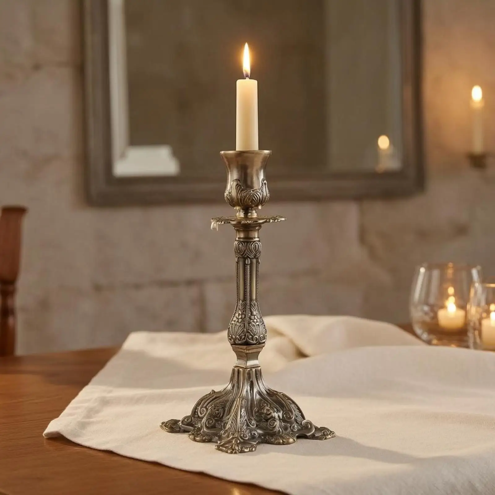 Ornate Metal Candlestick Holder Tall Tapered Steming Vintage Metal Candle Holder Embossed Four-Footed Candle Stand