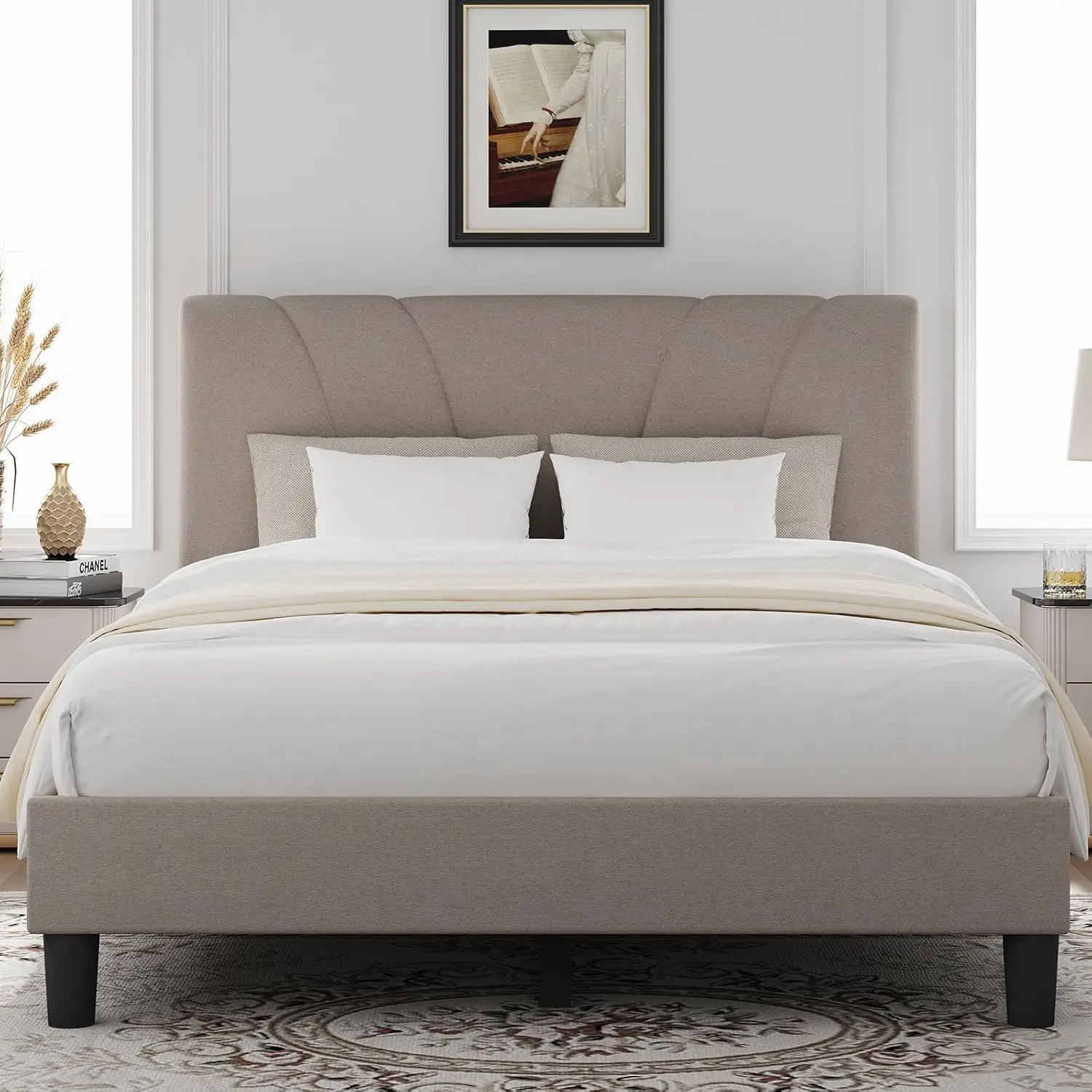 Queen Bed Frame with Headboard, Bed Frame Queen Size with Wood Slats Support,Linen Upholstered Adjustable Headboard