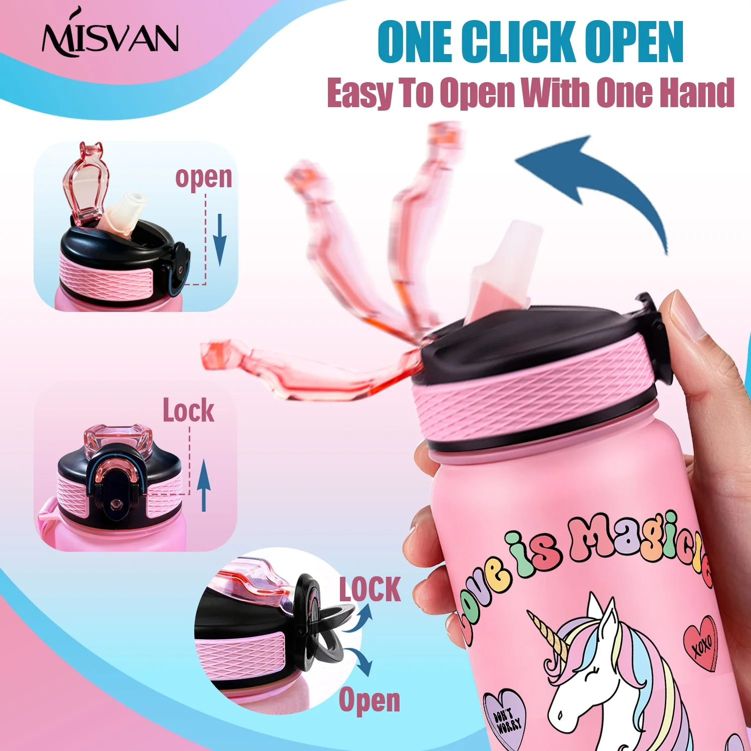 1PC, Unicorn Rainbow Mane Heart Letter Pattern ,32oz Gradient Water Bottle-Leak-Proof,HD Non-Peeling Pattern,Perfect for Sports,