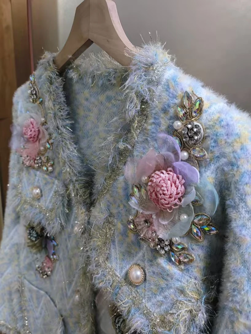 New Arrival High End Embellished Knitwear Women Cropped Boucle Jacket with Handmade Flower Rhinestone Pearl Decoration
