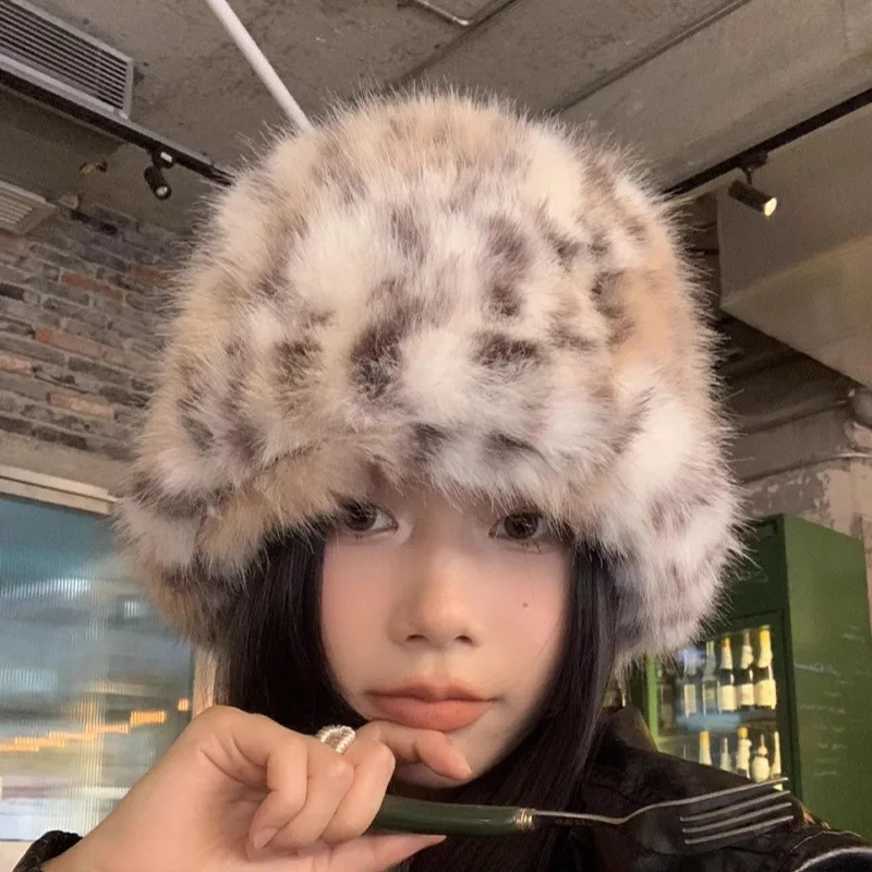 Faux Fur Leopard Bucket Hat for Women Winter Warm Hats Men Fisherman Cap Luxury Ear Protection Plush Panama for Girls