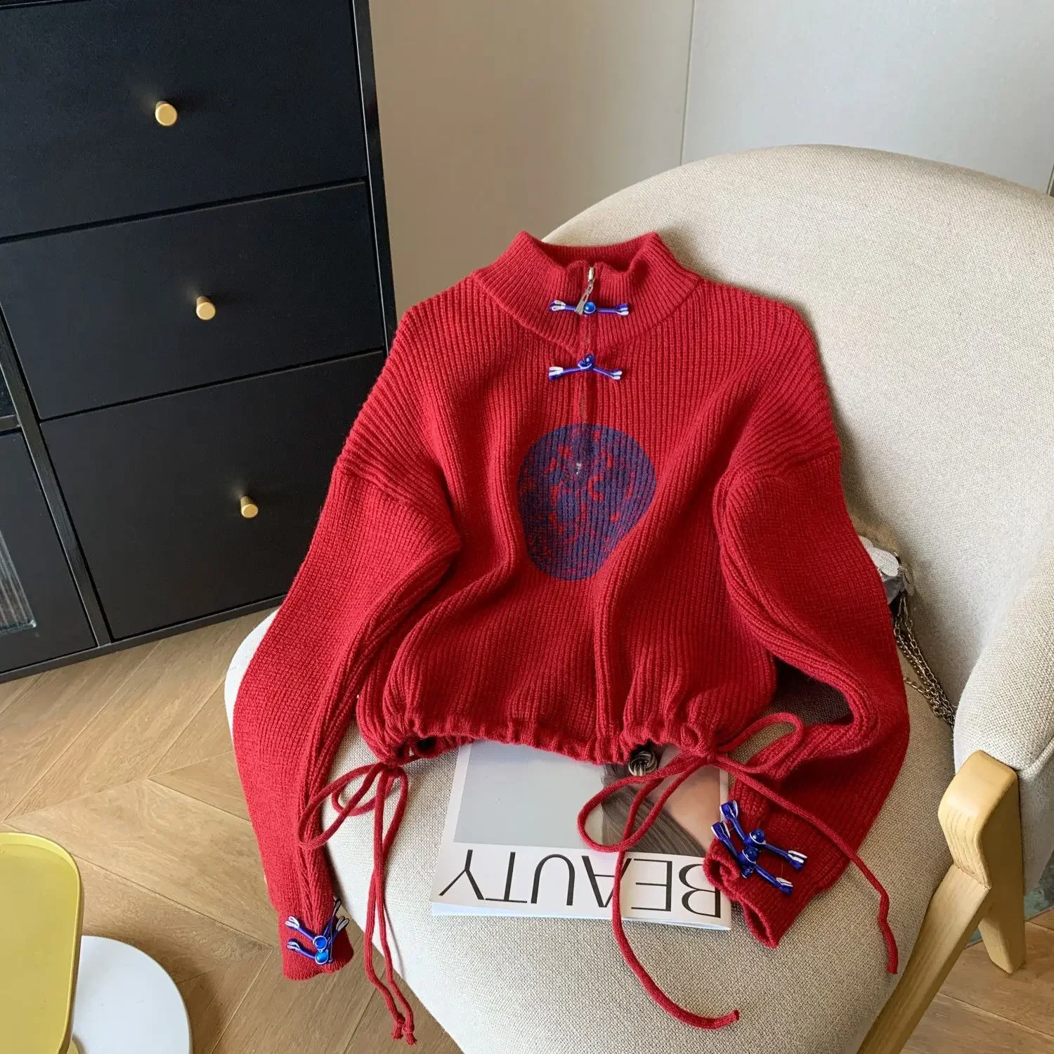 Suéter rojo de estilo chino para mujer, jerséis tejidos con botones Vintage para primavera y otoño, camiseta con cordón estampado para oficina para mujer