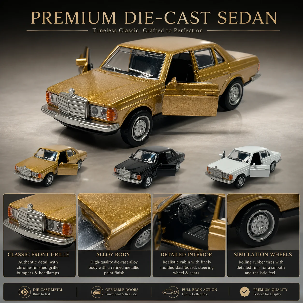 (Corrugated Box) 1/36 Scale, Vintage Luxury Sedan Style Toy Car, Powerful Spring, Metal Casting, Boy's Toy, the Best Gift.
