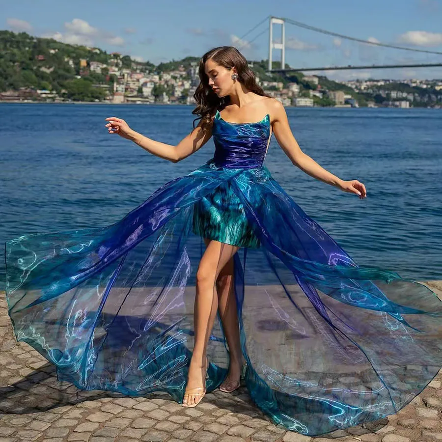 2024 New Sexy Sea Evening Dresses for Women Strapless Sleeveless Seaside Party Beautiful Blue Prom Dress