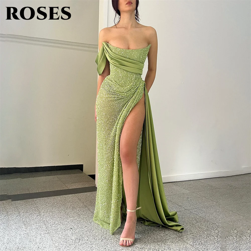 ROSES Mint Green Chic Woman Evening Dress Sequin Gown Ball Gown One Shoulder Night Dresses Gown With High Split robes de soirée