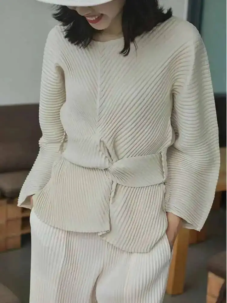 Neck Women Round Bandage Waist Pleated T Shirt Loose Long Sleeves Solid Shirts Female Outwear Top 2024 Spring 0YSZ