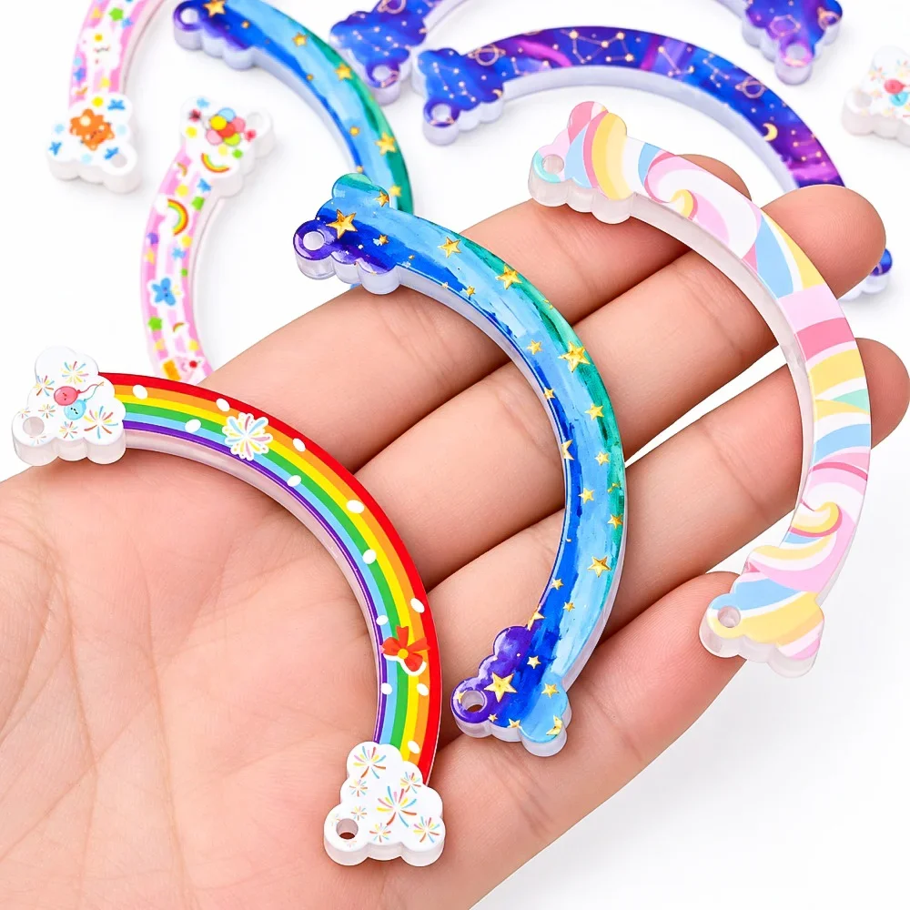 iYOE 6pcs 67mm Acrylic Rainbow Curved Beads Random Double Sided Printed for Handmade Jewelry Making Pendant & DIY Crafts Gifts