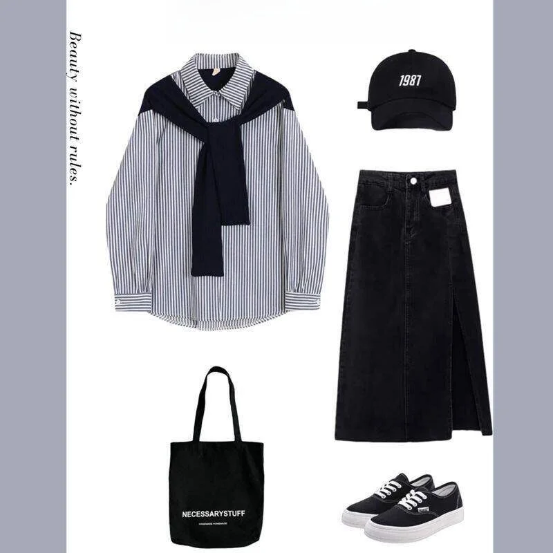 

Весенний профессиональный комплект из двух предметов: модная женская рубашка в полоску и джинсовая юбка в студенческом стиле для повседневной носки