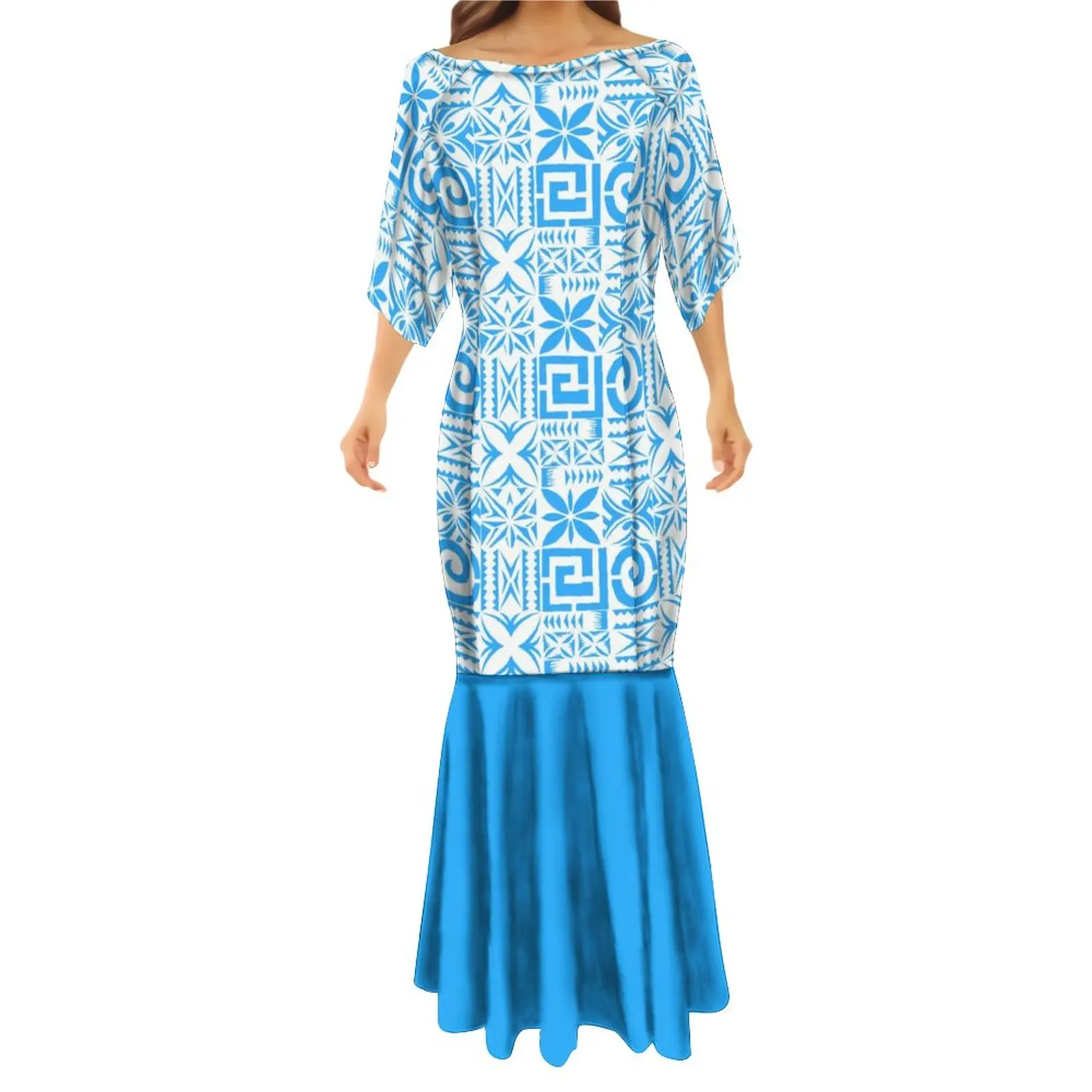 2023 Women'S Half Sleeve Dress Evening Fishtail Dress With Men'S Long Sleeve Shirt Polynesian Design Free Shipping