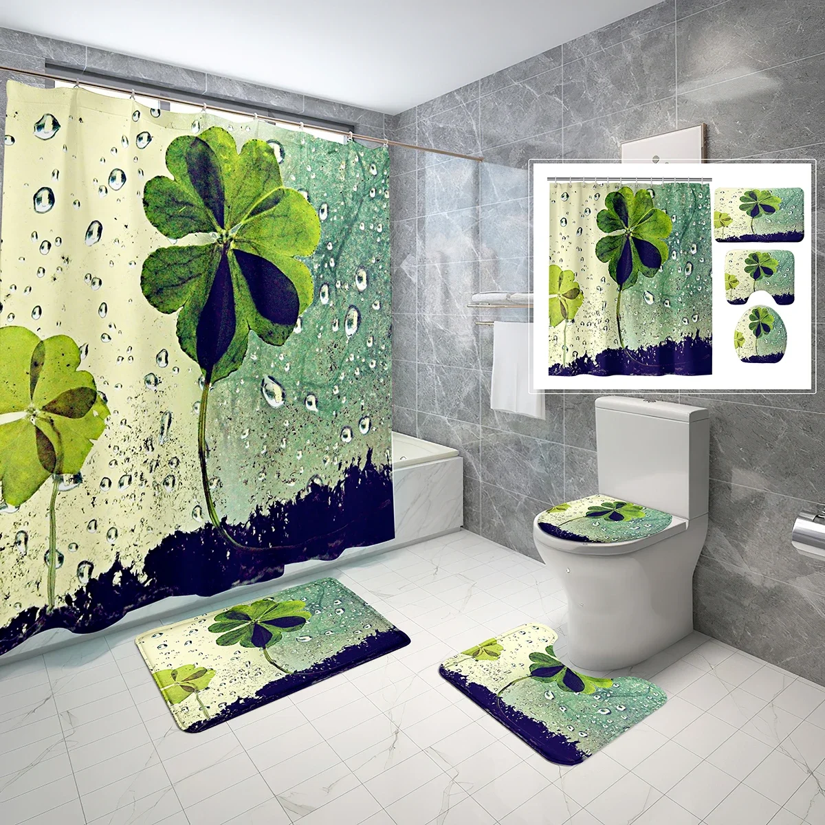4Pcs Four Leaf Clover Pattern Shower Curtain Set Lucky Clover Shower Curtain Bathroom Non-Slip Bath Mat Toilet Lid Cover