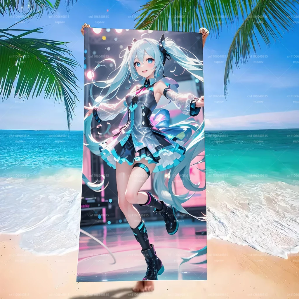 Serviette de plage Hatsune Miku, serviette de bain en polyester à séchage rapide avec motif de scène de concert et de lumières Vocaloid