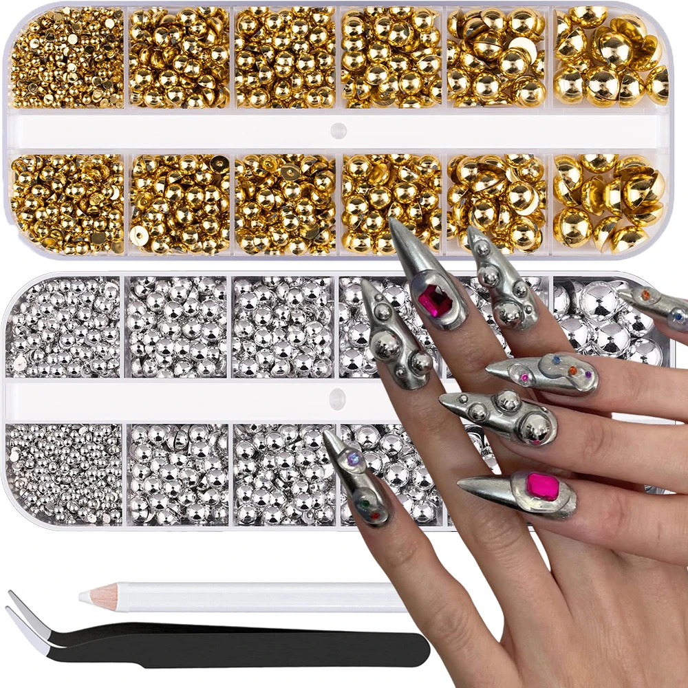 

12 Grids Gold Silver Half Round Pearl Nail Charms 2-8mm -Mixed Size Caviar Ball Nail Pearls Pickup Pencil Tweezer Nail Accessory