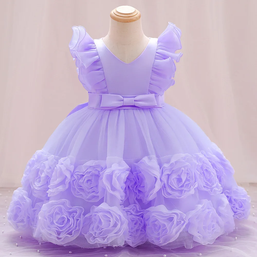 Flower Party Dresses For Girls Flying Sleeves Princess Birthday Puffy Dress Baby Girl Baptism Tutu Dresses Children Wedding Gown