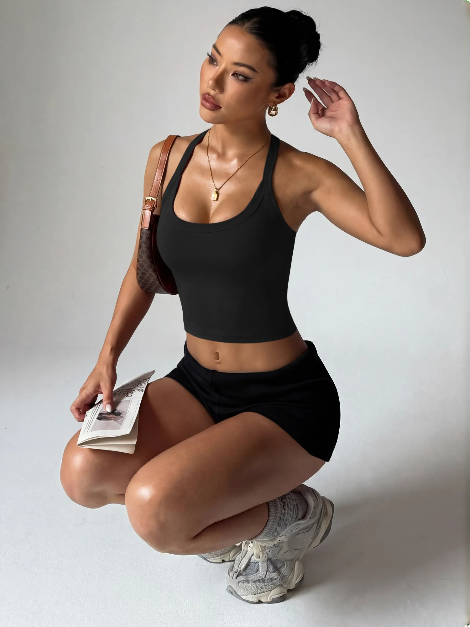 2026 Women's Ribbed Halter Neck Crop Top Solid Color Sleeveless Slim Fit Backless Tank Top for Club & Streetwear