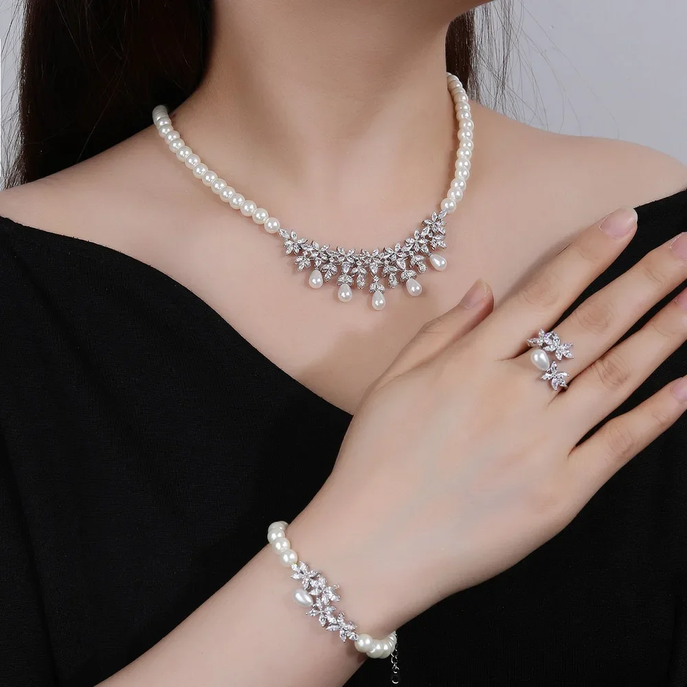 

JEWEL Pearl Tassel Bohemia Style Anniversary Necklaces Earrings Bracelets Ring for Women Romantic Fine Jewelry Set Wedding Gift