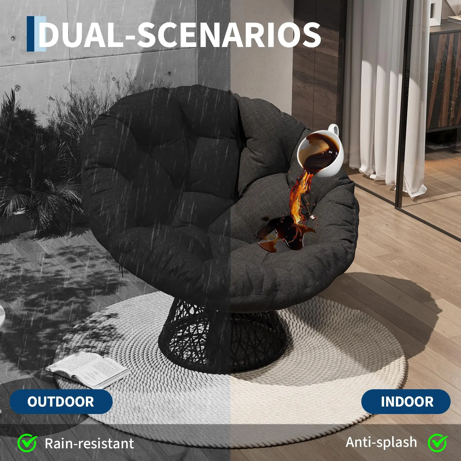 360 Degree Swivel Papasan Chair 40 Inch Ergonomic Wicker Moon Bowl Lounge Chair with Extra Thick Soft Fabric Cushion Heavy Duty Steel Frame for Living Room Bedroom Reading Nook Indoor