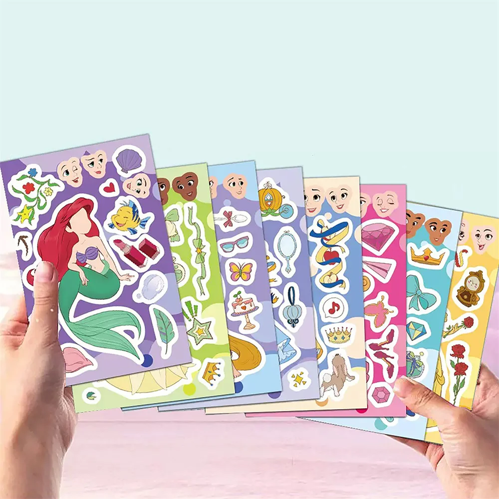 8Sheets/Set Disney Cartoon Princess Puzzle Stickers For Scrapbook Guitar Luggage Stickers Parent-Child Interactive Toys Stickers