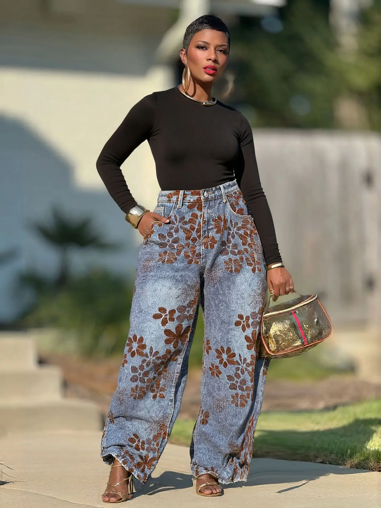 Jeans Wide Leg Pants Women Flocked Floral Denims Vintage Distressed Trousers Streetwear Washed Floor Length Spring Summer 2026