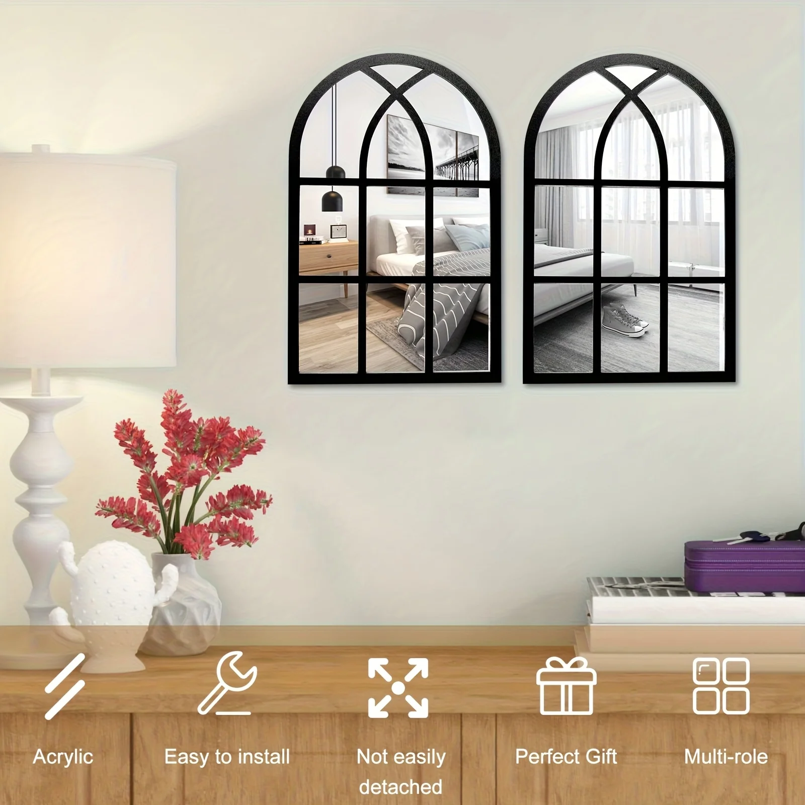 Retro Acrylic Arched Imitation Window Wall Mirror Wooden Frame Country Window Mirror Home Art Decor Office Studio Coffee Shop