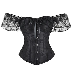 Lace Short Sleeve Overbust Corset Women Shaping Waist Bustier Sexy Neck Close-fitting Tops