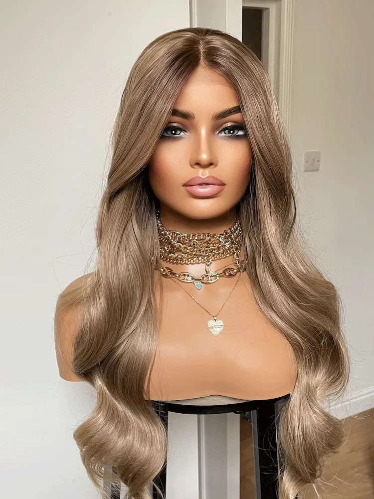 

Dark Ash Blonde Synthetic Wigs With Dark Roots Wavy Heat Safe Lace Wig 24inch Long Hair Wigs For Women Daily Party Use