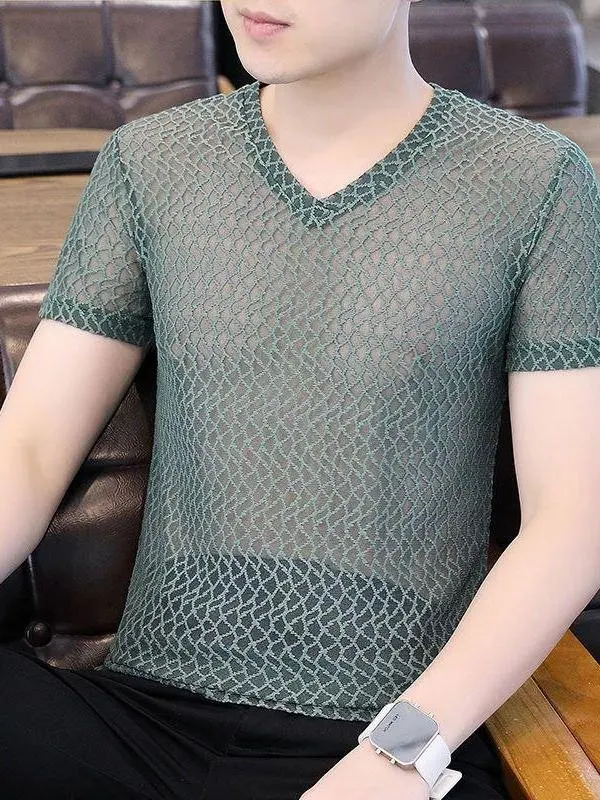 

Men's ort Sve T-irt V-Ne Ice Silk Smooth Material Summer Trend Hollow out Lightweight Cool Me Upper Body irt