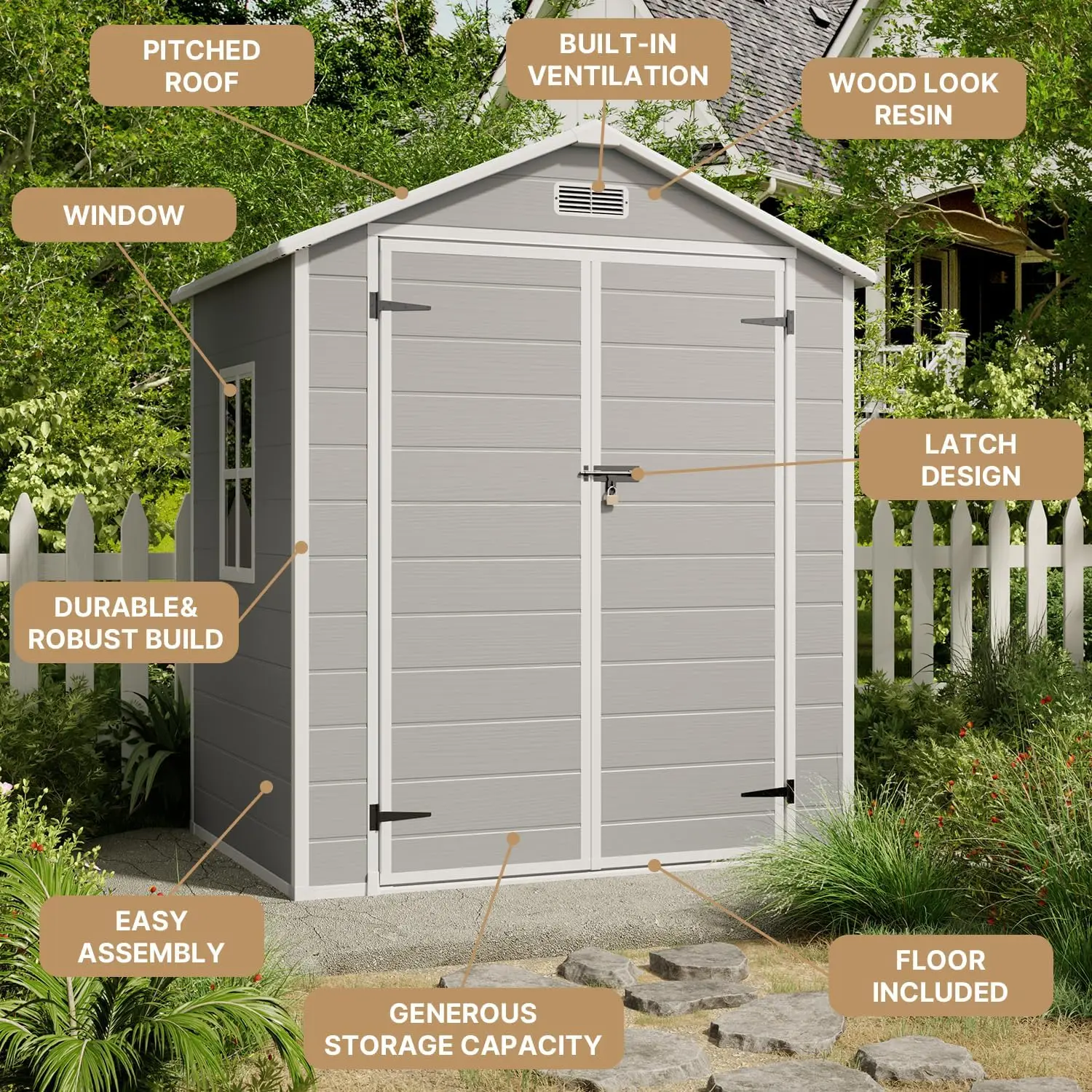 Gizoon Outdoor Storage Shed, 6X4 Ft Resin Shed With Floor, Plastic Garden Tool Sheds With Lockable Door For Patio Backyard Lawn