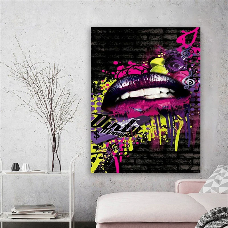 

Lips Graffiti Canvas Painting Street Pop Art Posters and Prints Wall Art Pictures for Modern Living Room Home Decor