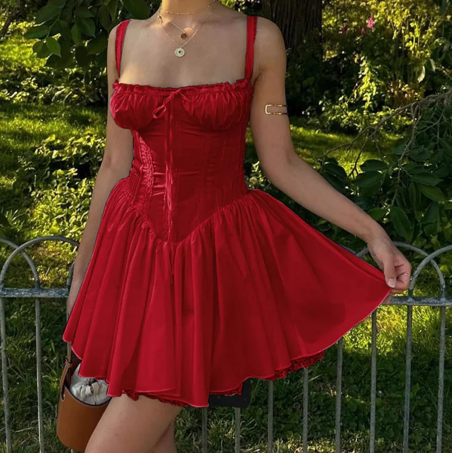 

French ballet style belted waist slip dress for women, perfect for winter photos, slimming, red date dress