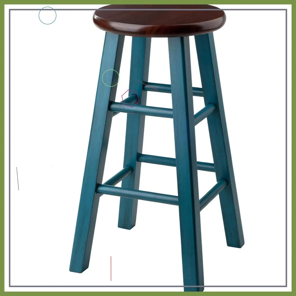 Stołek z rustykalnego drewna w kolorze turkusowym z wykończeniem antycznym - solidne kwadratowe nogi, gładkie okrągłe siedzisko do dekoracji wnętrz