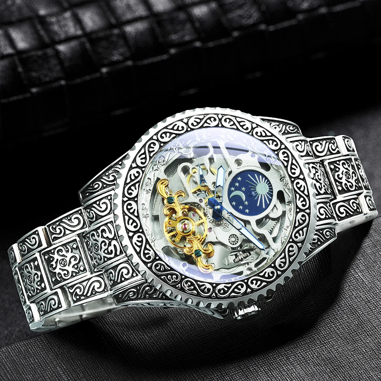 FORSINING 525 Luxury Gold Skeleton Automatic Mechanical Watch Moon Phase Retro Carving Night Light Tourbillon Watches for Man