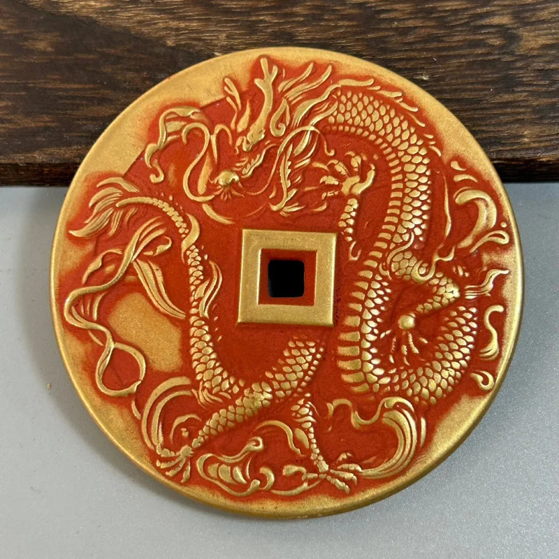 Brass Cinnabar Longshan Ghost Money Amulet Money Antique Copper Coin Diameter6.3cm