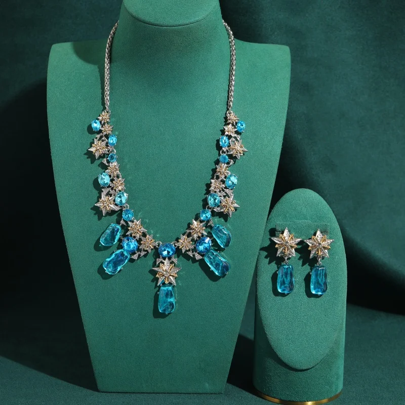Vintage Pentagram Alien Blue Glass Rhinestone Jewelry Sets Luxury Natural Stone For Woman Necklace Earrings Party Gift 2026 New