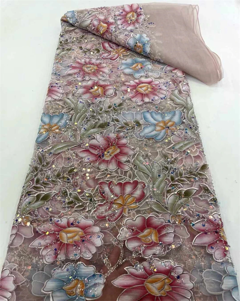 Paillettes nigeriane di alta qualità con perline africane con pizzo di perle Tessuto di pizzo francese in tulle per cucito di abiti da festa