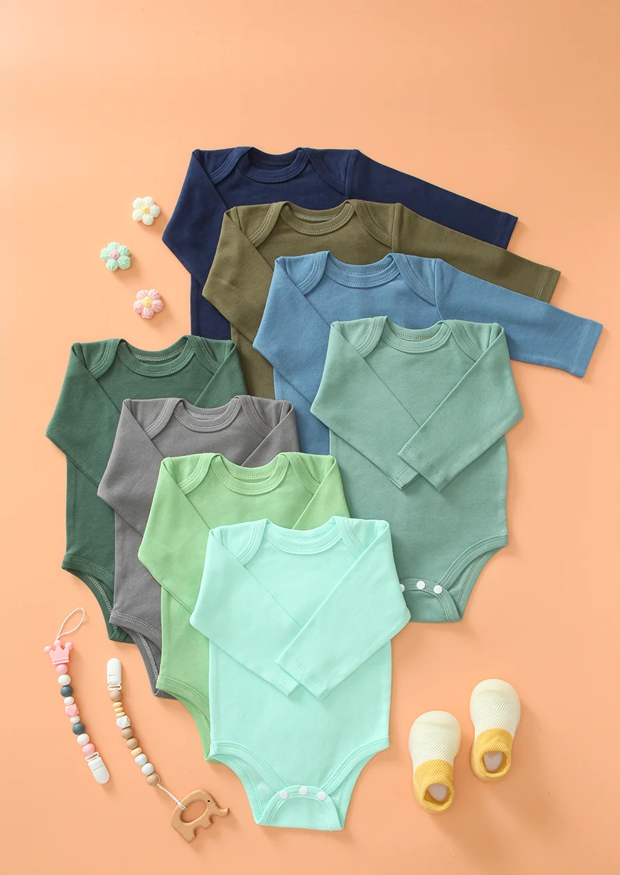 

8 Pack Solid Color Babies Triangle Onesie, Soft Infants Crawling Suits, Long Sleeved Jumpsuits for Newborn Boys and Girls