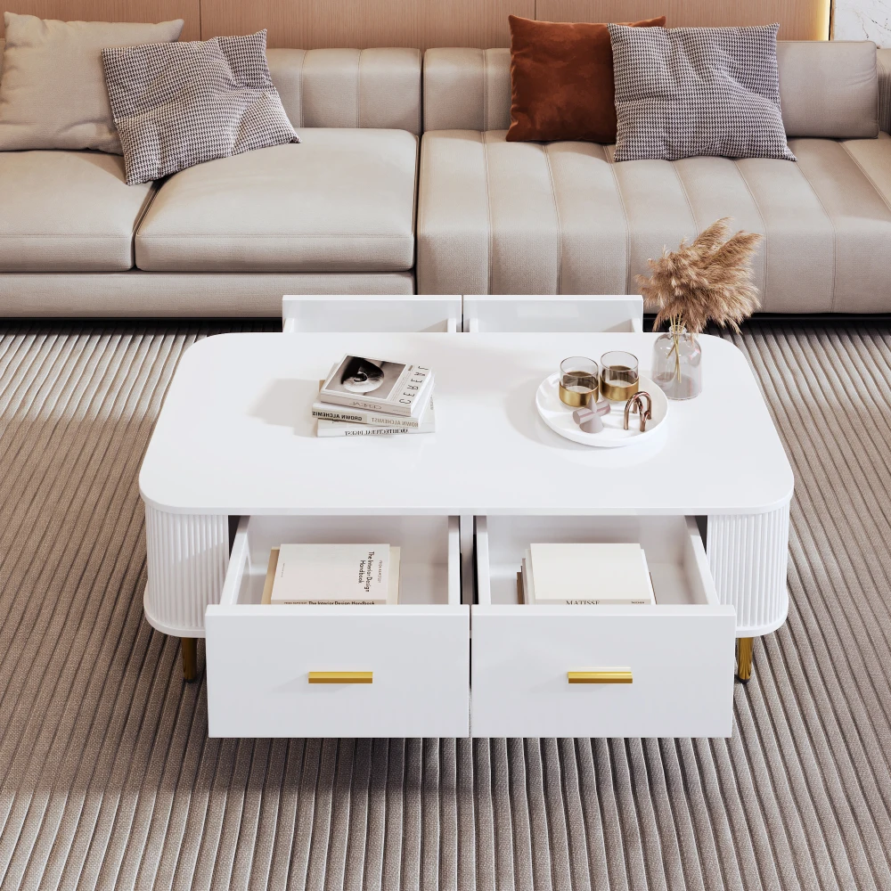Gebogener Eck-Wohnzimmertisch, goldene Hardware, gewellte Seiten, Doppelfunktions-Couchtisch und Beistelltisch mit Schubladen – Detail 13