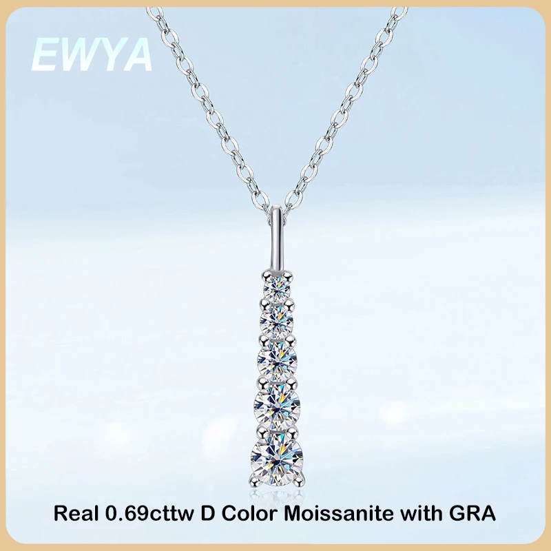 EWYA Luxury 0.69cttw Full D Color Moissanite Pendant Necklace for Women S925 Silver 5-Stone Pass Diamond Test Chain Necklaces