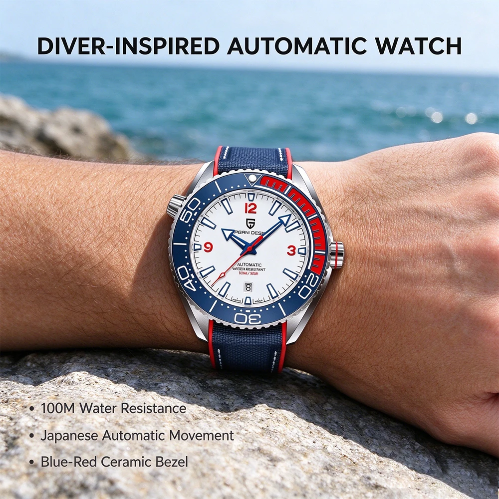 PAGANI DESIGN V2 Blue and White Tone Classic Retro Men Mechanical Watch 42MM Sapphire Glass 100M Waterproof Stainless Steel Automatic Men Watch Gift Watch