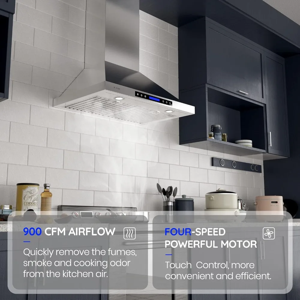 EKON NAP02 900CFM Wall Mount Range Hood Ducted/Ductless Convertible Kitchen Chimney Vent, 4 Speeds Touch Control/Remote