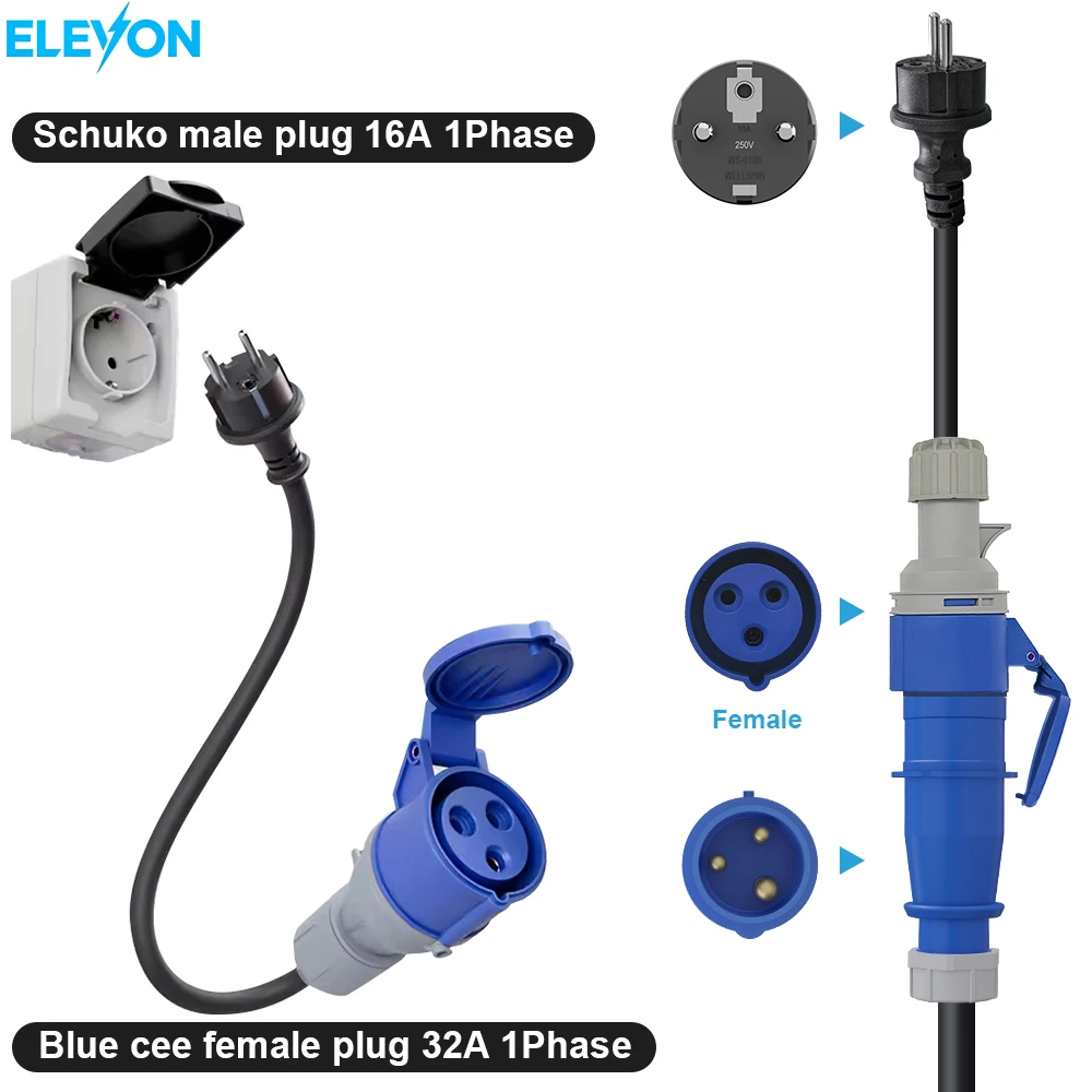 

ELEVON Electric Vehicle Portable Charger Schuko Plug To CEE Blue Power Female Plug Socket Adapter Blue CEE Connection 32A To 16A