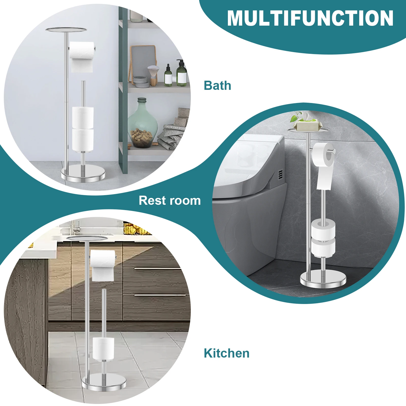 Free Standing Toilet Roll Holders Stainless Steel Toilet Paper Stand with Phone Shelf Bathroom Tissue Rack Organizers Storage