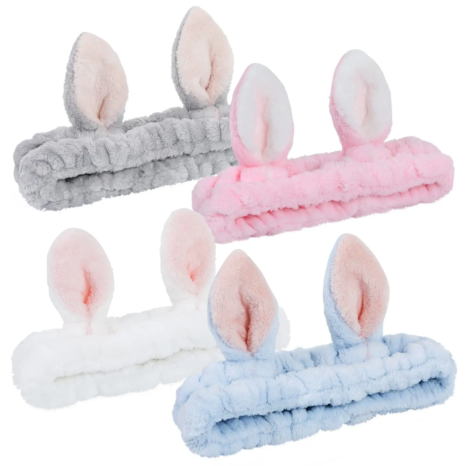 4-Pack Women's Elastic Makeup Headband, Girls' Soft Flannel Bunny Ear Headband, Hijab, SPA Face Wash Headband