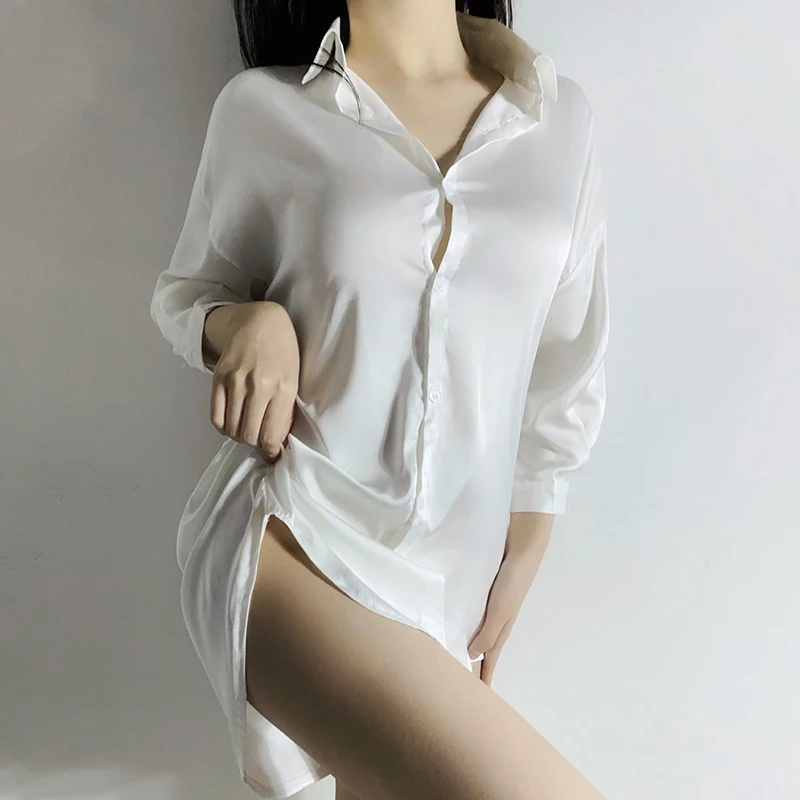 Chemise de nuit à manches longues pour femmes, chemise de nuit sexy, pyjama petit ami, chemise blanche, mode, lingerie, été