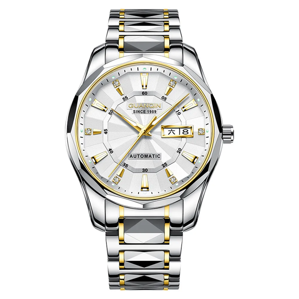 GUANQIN Men Japan Automatic Mechanical Movement Tungsten Steel Watch Waterproof Sapphire Crystal Clock Week Calendar Wristwatch