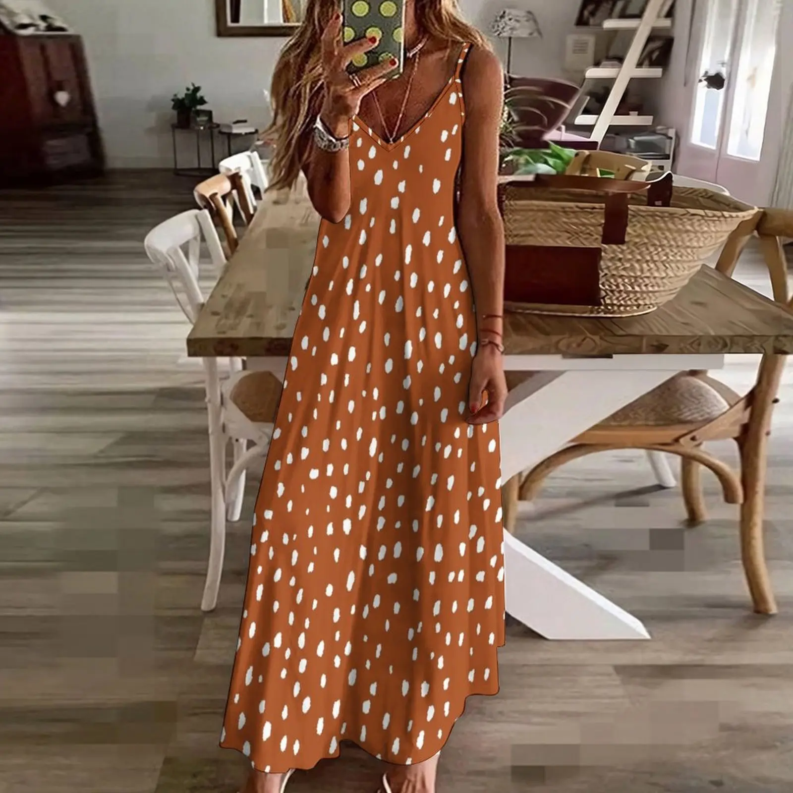 Spikkel Polka Dot Dalmatisch patroon (wit/verbrand oranje) Mouwloze lange jurk Lange damesjurk Jurk