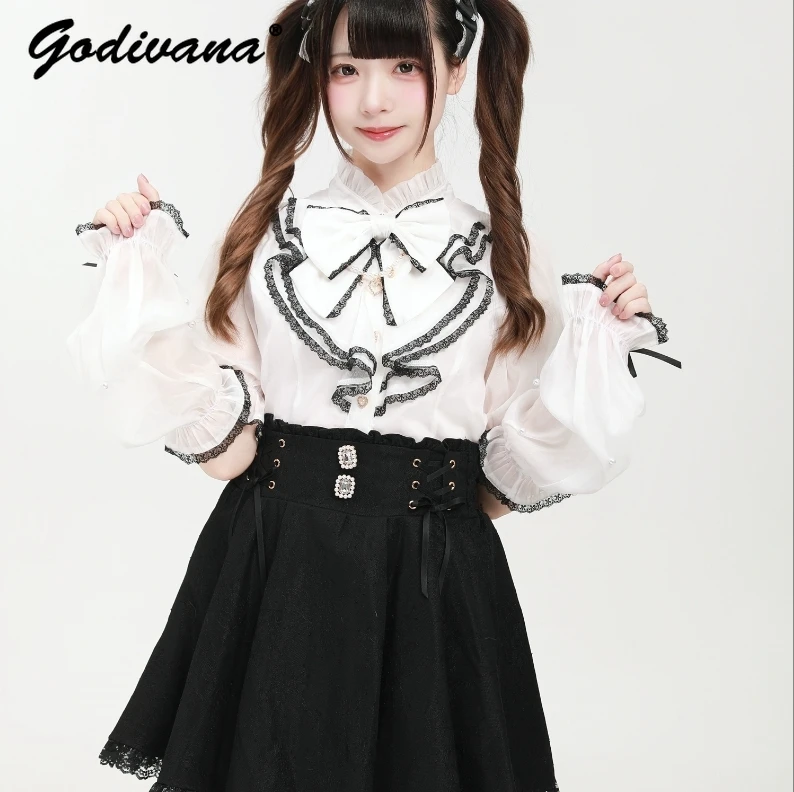 

Новая весенняя японская серия Mine, рубашка с короткими рукавами и бантом с жемчужной цепочкой и нарукавниками, женская блузка в стиле Лолиты для девочек, Blusas Mujer