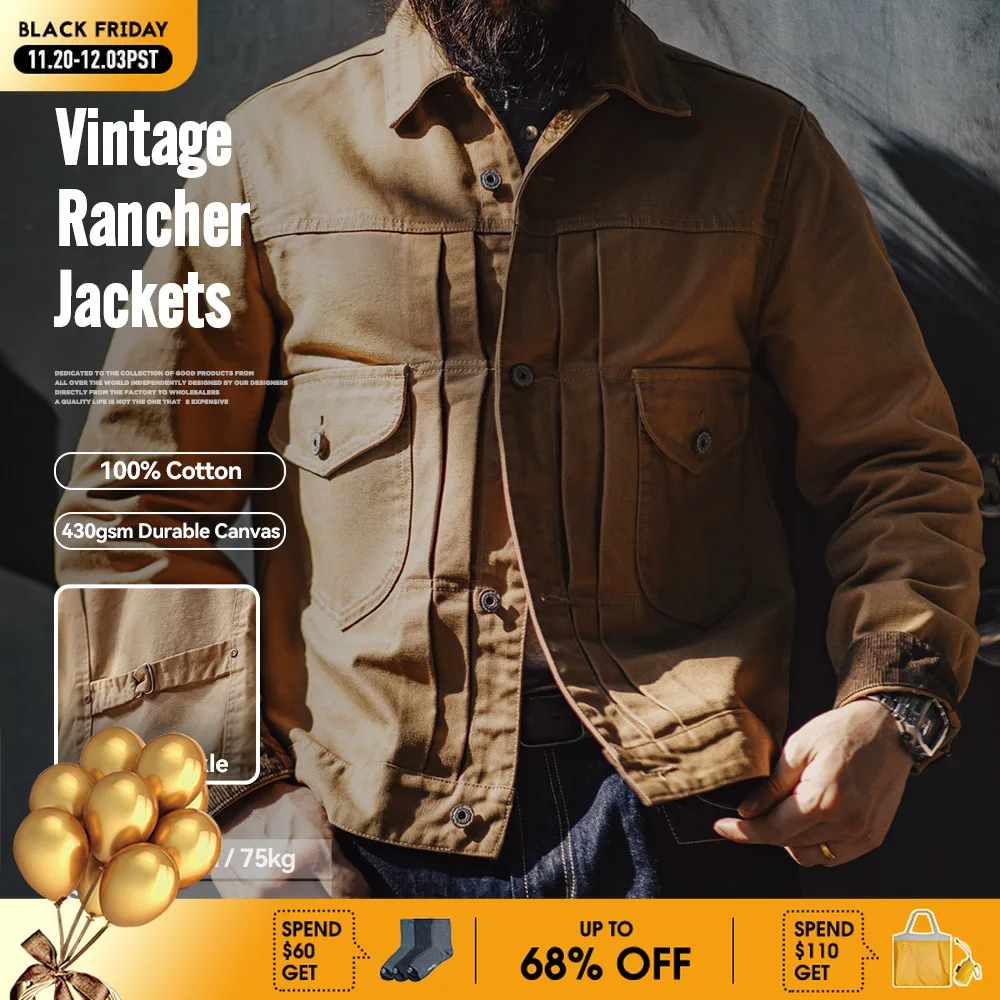 

Maden Vintage Heavyweight Canvas Rancher Jackets with Collar Back Paris Button Design Denim Jacket for Men Fall Pocket Outerwear