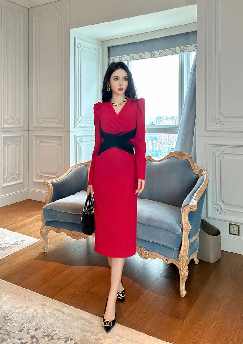 French Slim Solid Red Dress V-neck Long Sleeve High Waist Elegant and Pretty Women's Dresses Autumn and Winter New Long Dresses