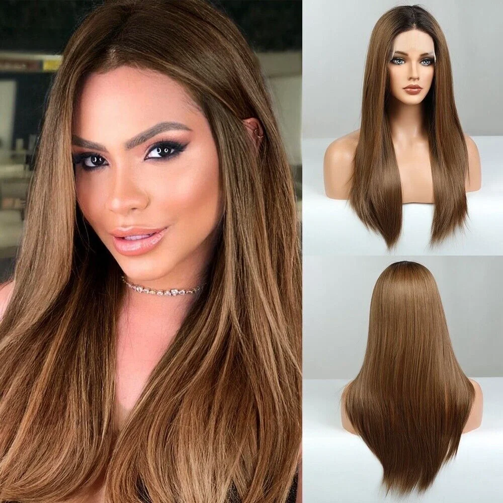 

Forehead hand knit babyhair split straight hair gradient brown lace wig Synthetic