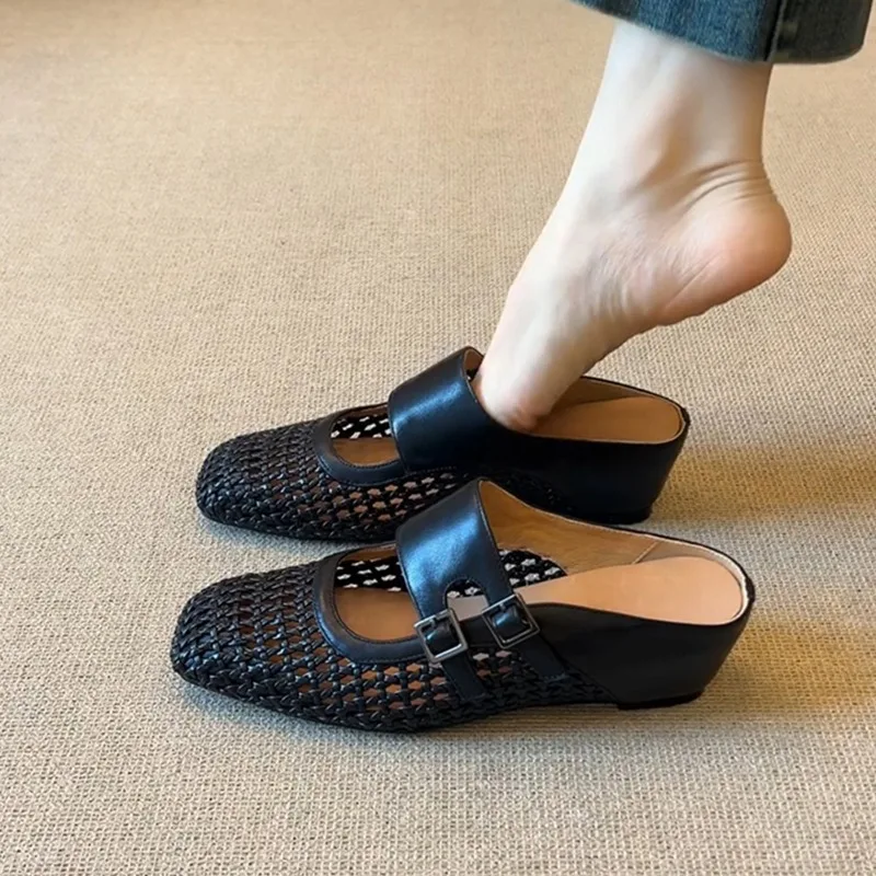 2026 New Black Women’s Platform One-strap Half-slippers, Versatile Woven Hollow Breathable Outdoor Peep-toe Sandals